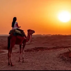 "Balade dromadaire à Agafay au coucher de soleil 2023 : Une aventure mémorable dans les nuances de la soirée.